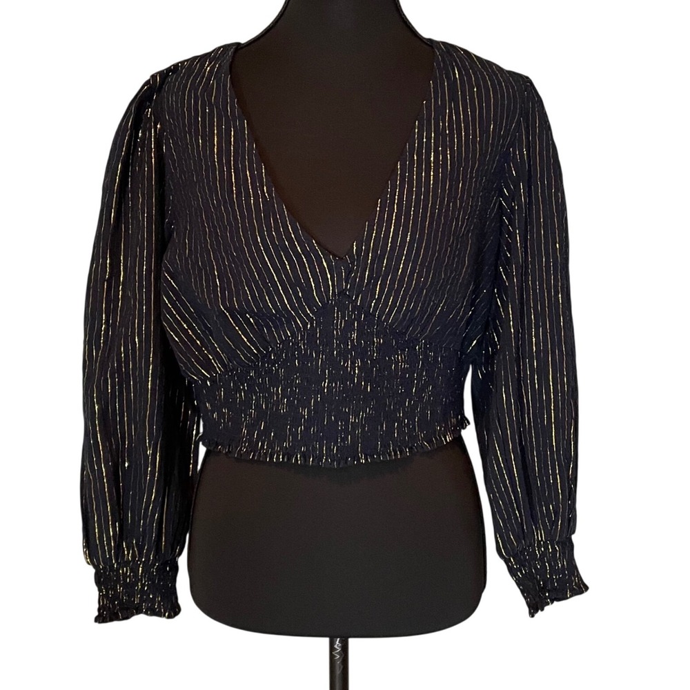 Boden Navy Blue Gold Stripe Lurex Smocked Waist Cropped Blouse Top UK 10 US 6